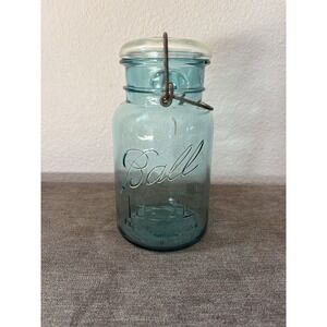 Ball Ideal July 14 1908 Aqua Blue Mason Jar #4 with Clear Glass Lid